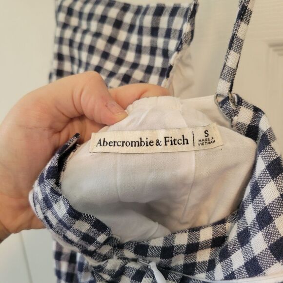 Abercrombie & Fitch Navy Blue & White Gingham Plaid Mini Dress Size Small Linen - Picture 4 of 6